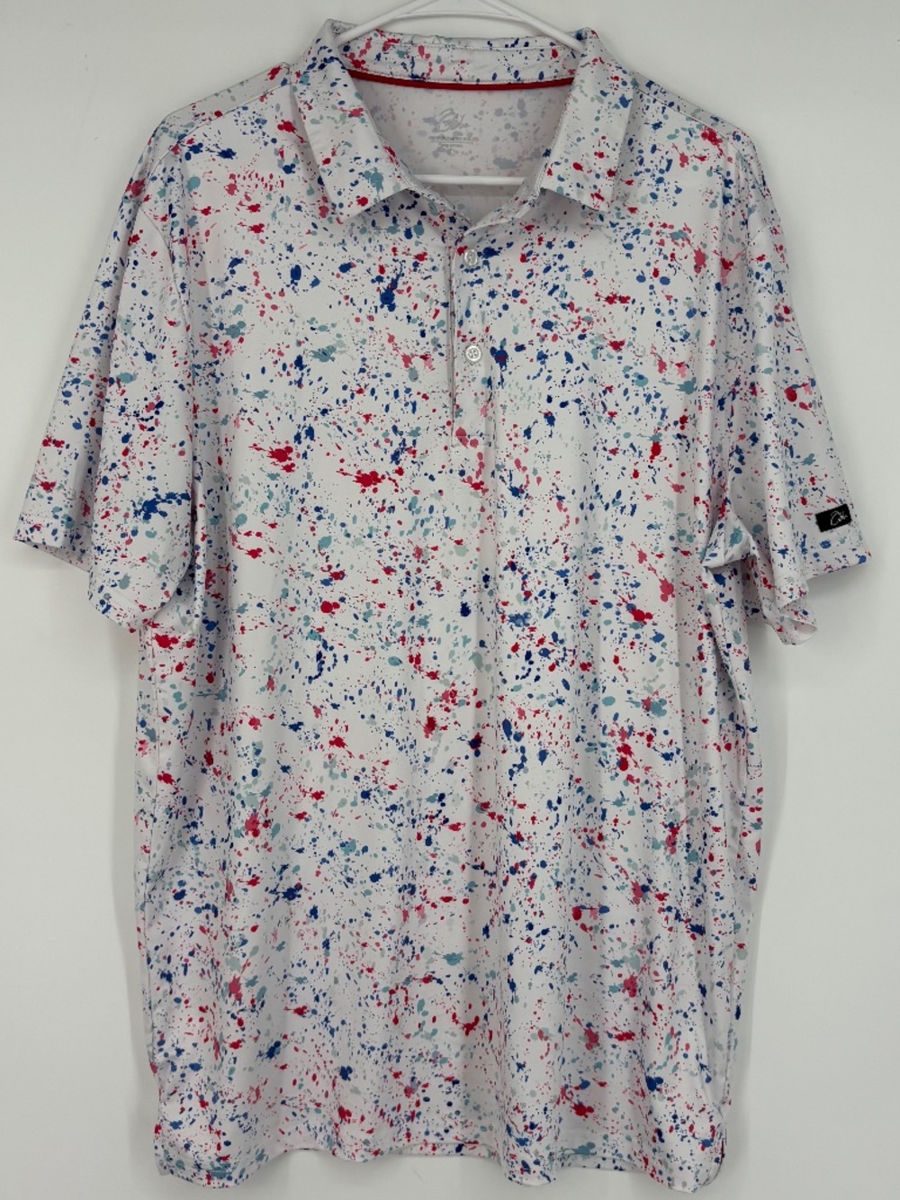 Obla Mens Large Performance Golf Polo Shirt White with Blue Red Splatter Print